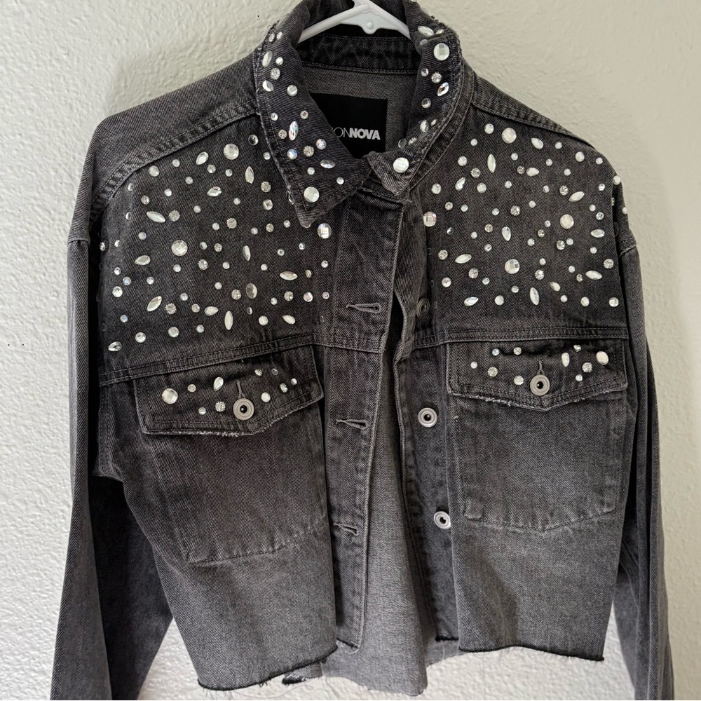 Fashion Nova Charcoal Embellished Jacket/ Shorts Set